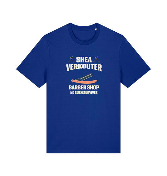 blue funny offesnive  t-shirt the slogan 'shea verkouter babershop no bush survives'