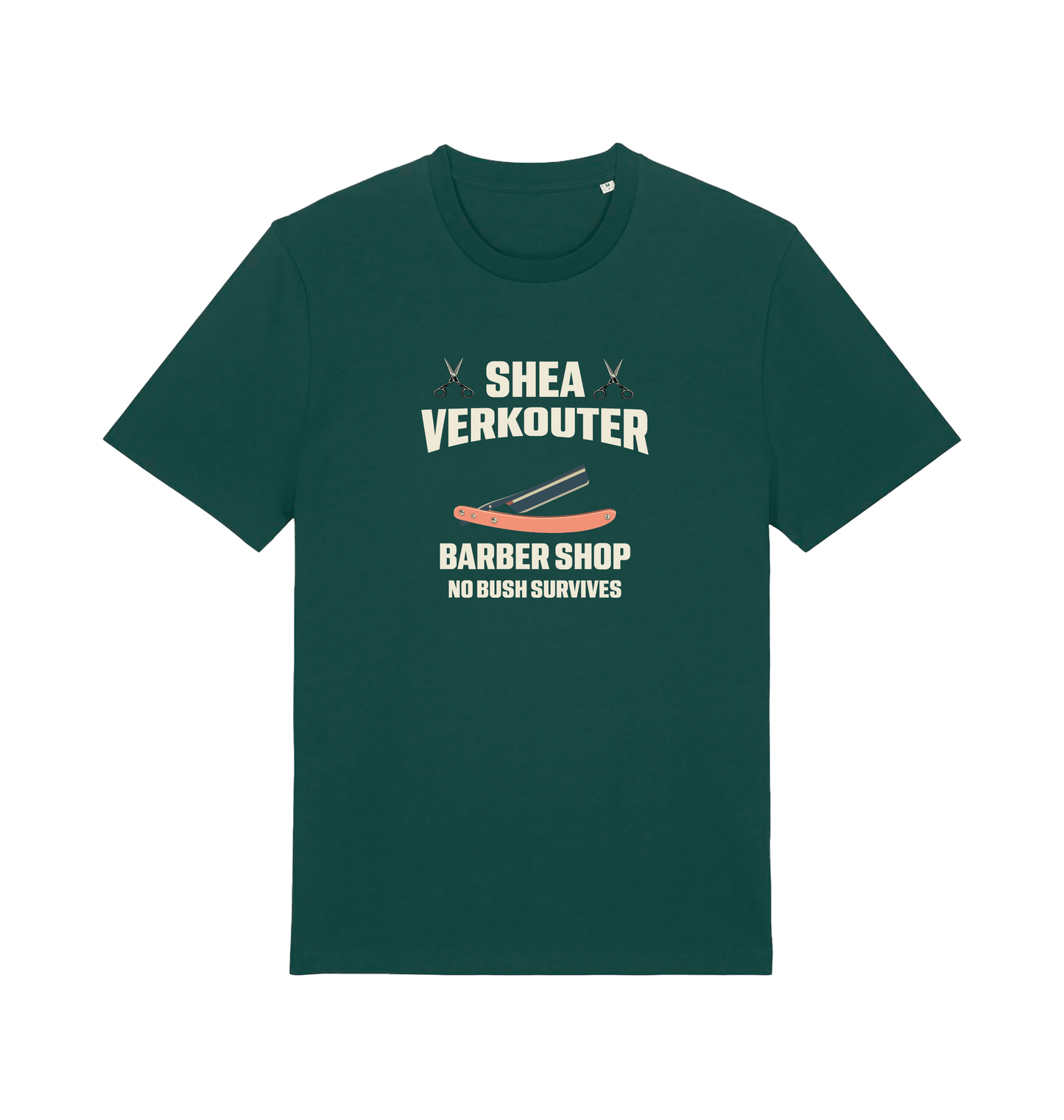 green funny offesnive  t-shirt the slogan 'shea verkouter babershop no bush survives'