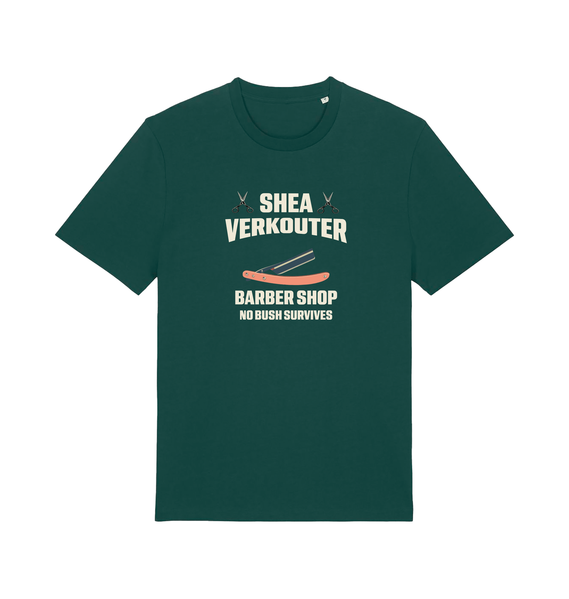 green funny offesnive  t-shirt the slogan 'shea verkouter babershop no bush survives'