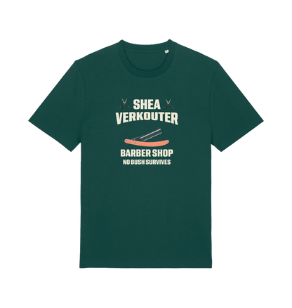green funny offesnive  t-shirt the slogan 'shea verkouter babershop no bush survives'