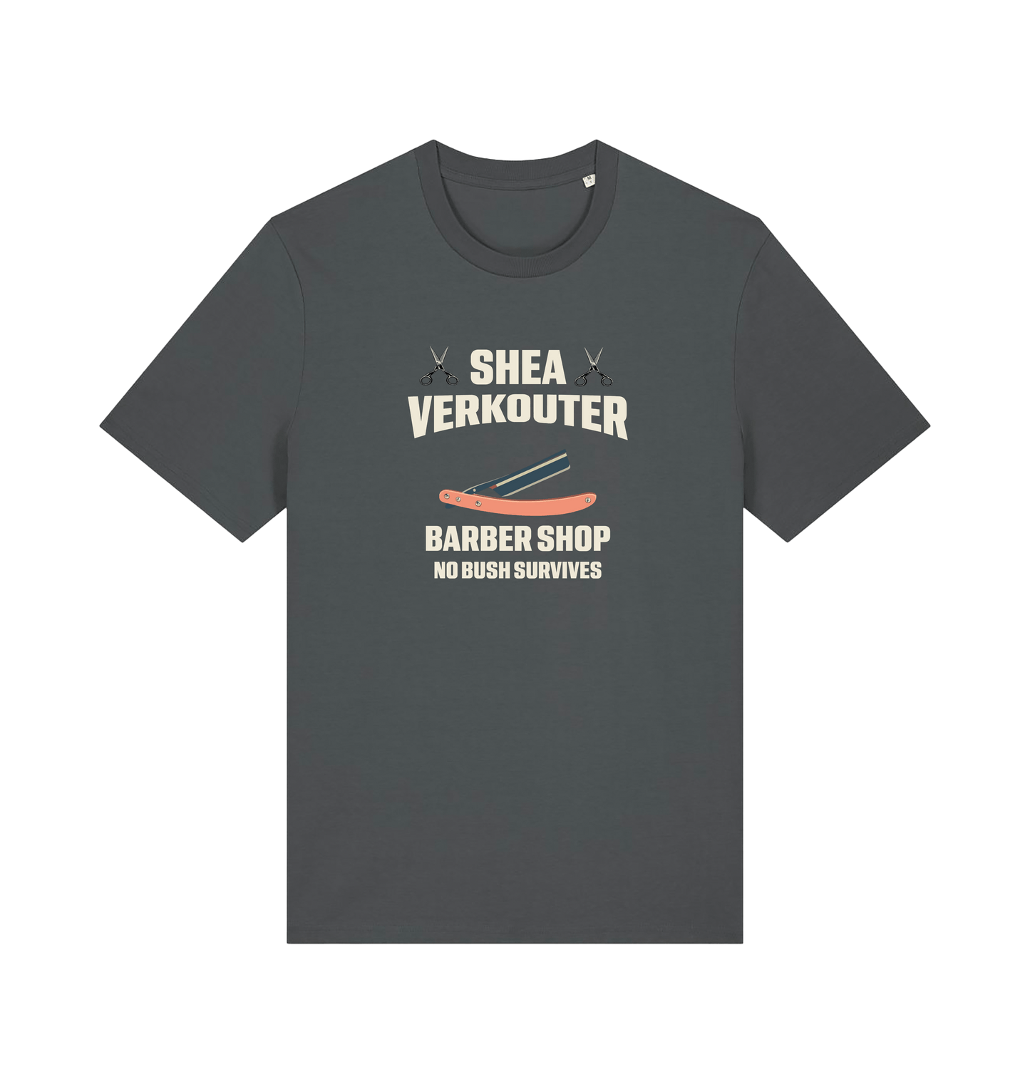 grey funny offesnive  t-shirt the slogan 'shea verkouter babershop no bush survives'