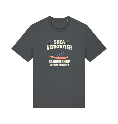 grey funny offesnive  t-shirt the slogan 'shea verkouter babershop no bush survives'