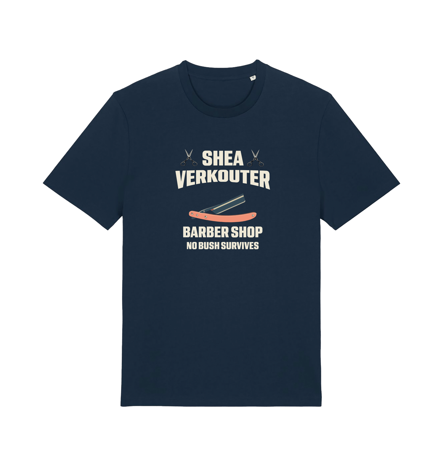 navy funny offesnive  t-shirt the slogan 'shea verkouter babershop no bush survives'