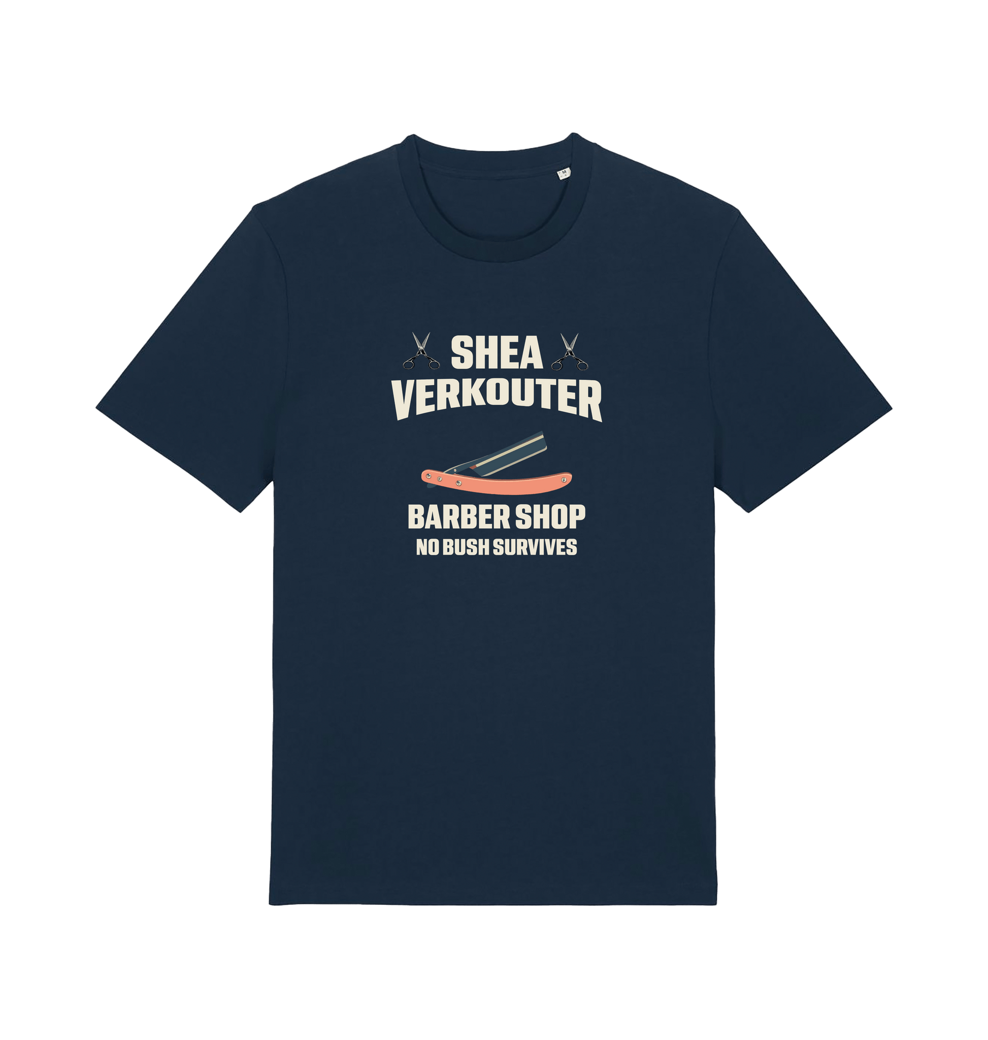navy funny offesnive  t-shirt the slogan 'shea verkouter babershop no bush survives'