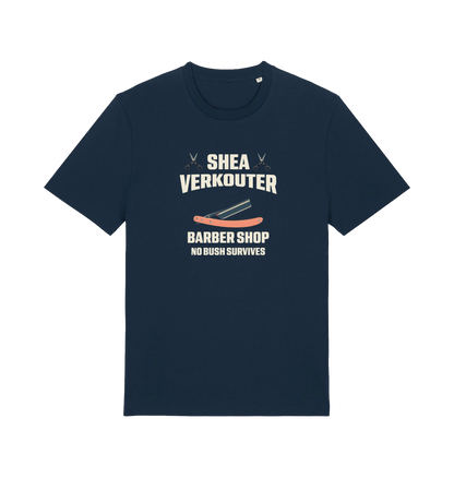 navy funny offesnive  t-shirt the slogan 'shea verkouter babershop no bush survives'