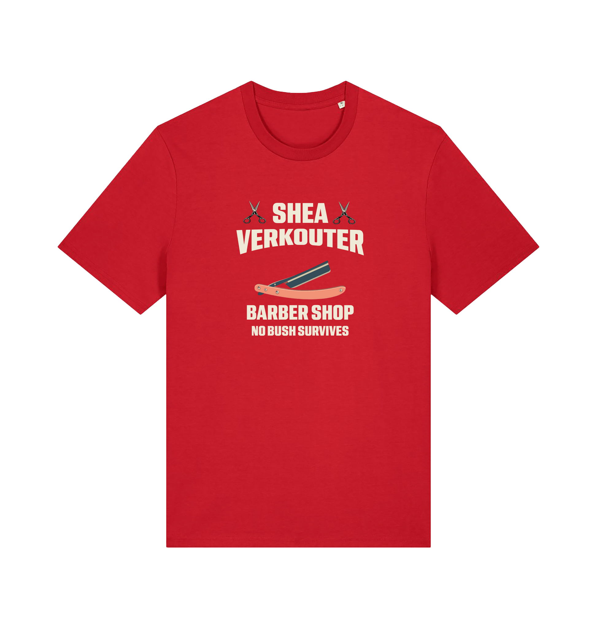 red funny offesnive  t-shirt the slogan 'shea verkouter babershop no bush survives'