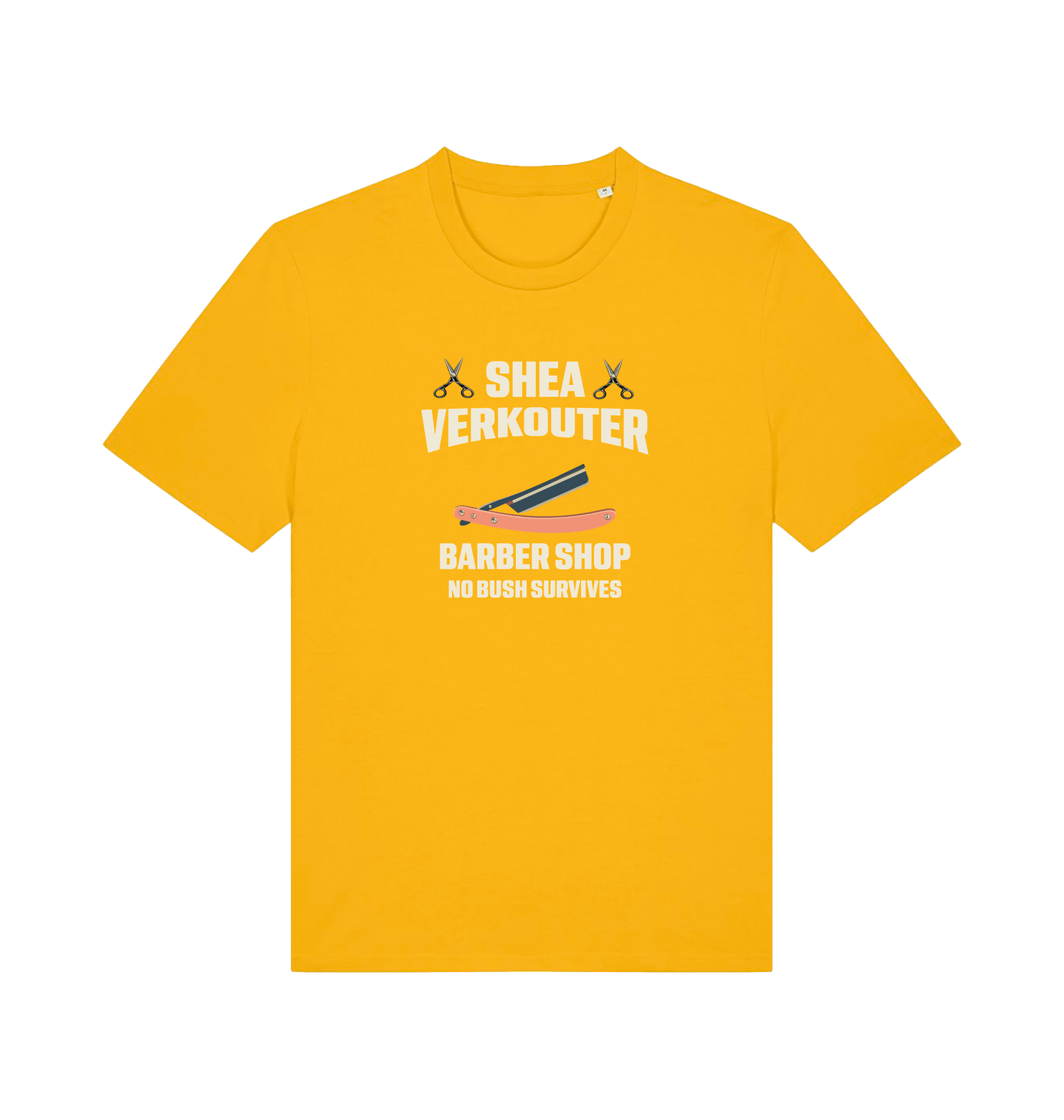 yellow funny offesnive  t-shirt the slogan 'shea verkouter babershop no bush survives'