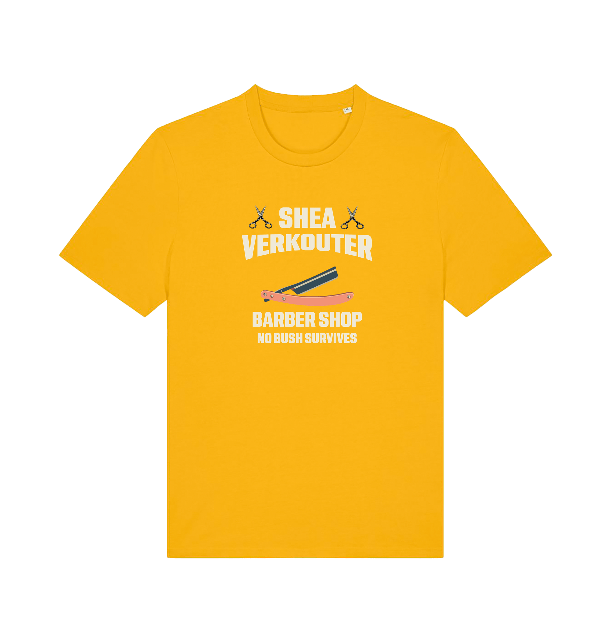 yellow funny offesnive  t-shirt the slogan 'shea verkouter babershop no bush survives'