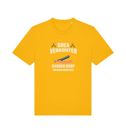 yellow funny offesnive  t-shirt the slogan 'shea verkouter babershop no bush survives'