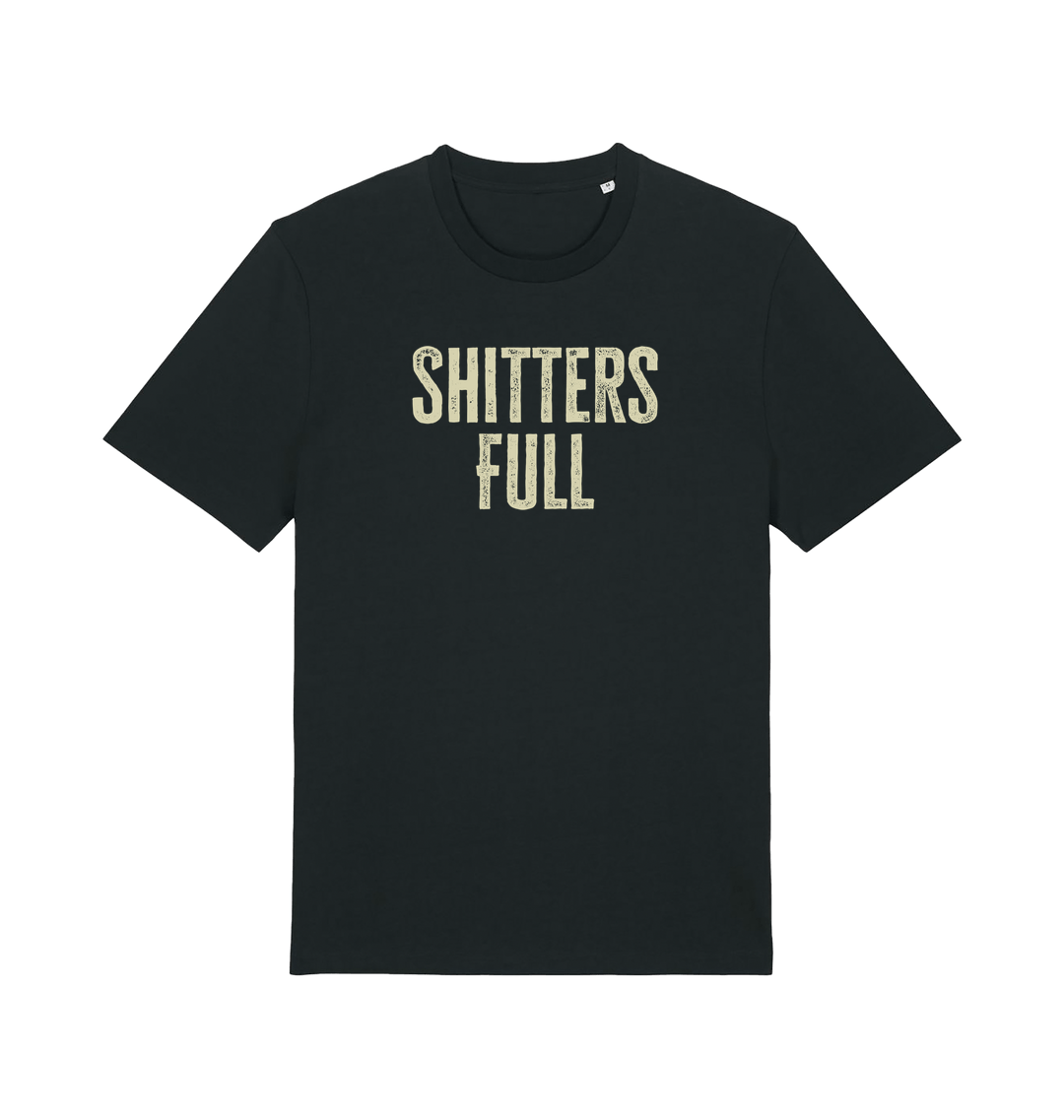 black funny t-shirt withthe slogan 'shitters full'