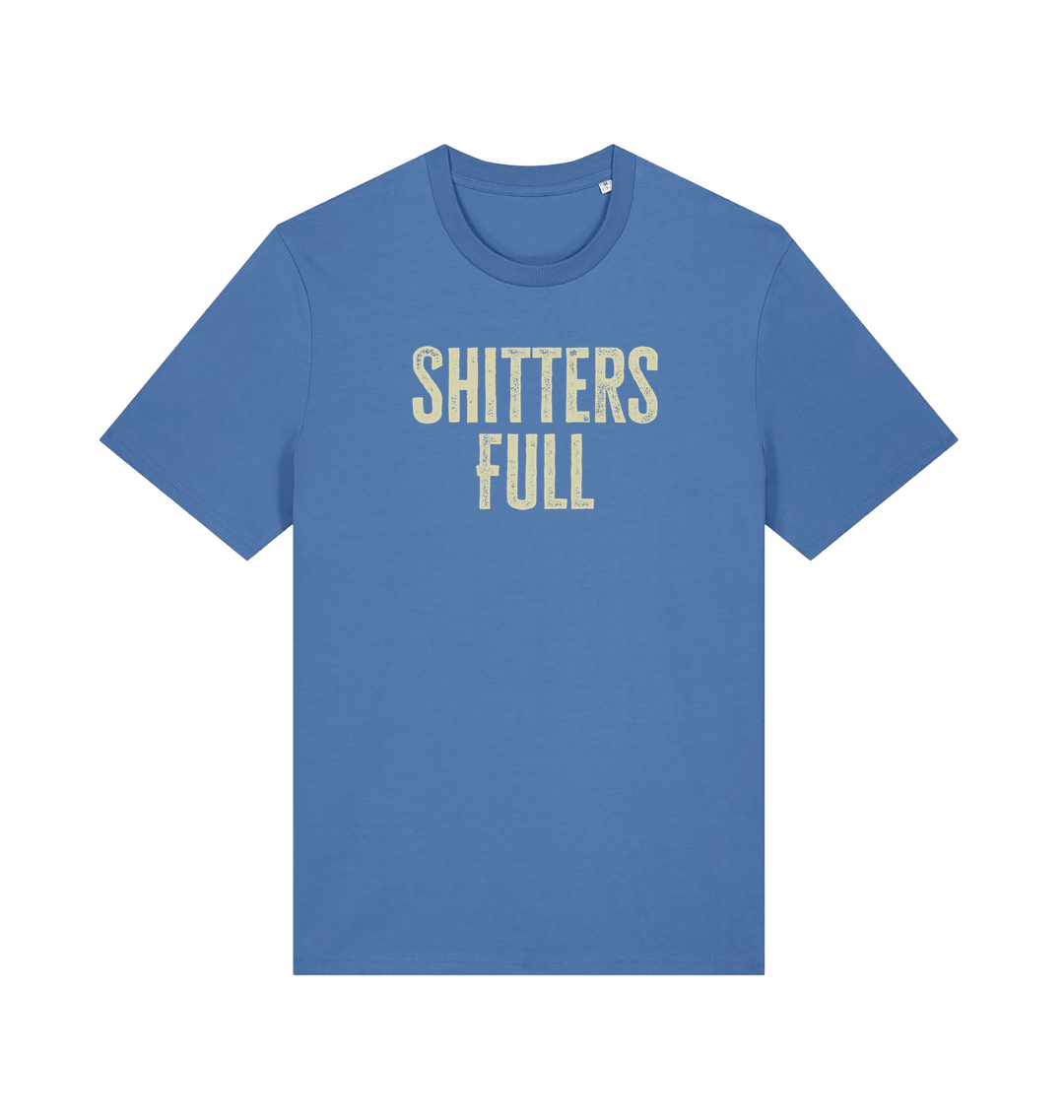 blue funny t-shirt withthe slogan 'shitters full'
