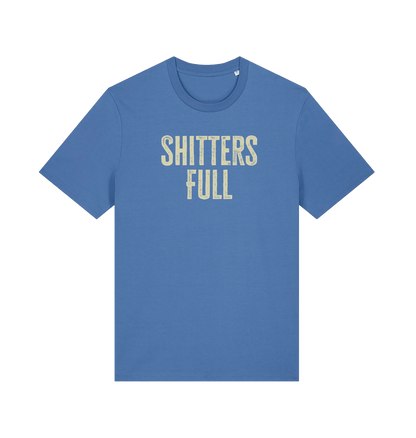 blue funny t-shirt withthe slogan 'shitters full'