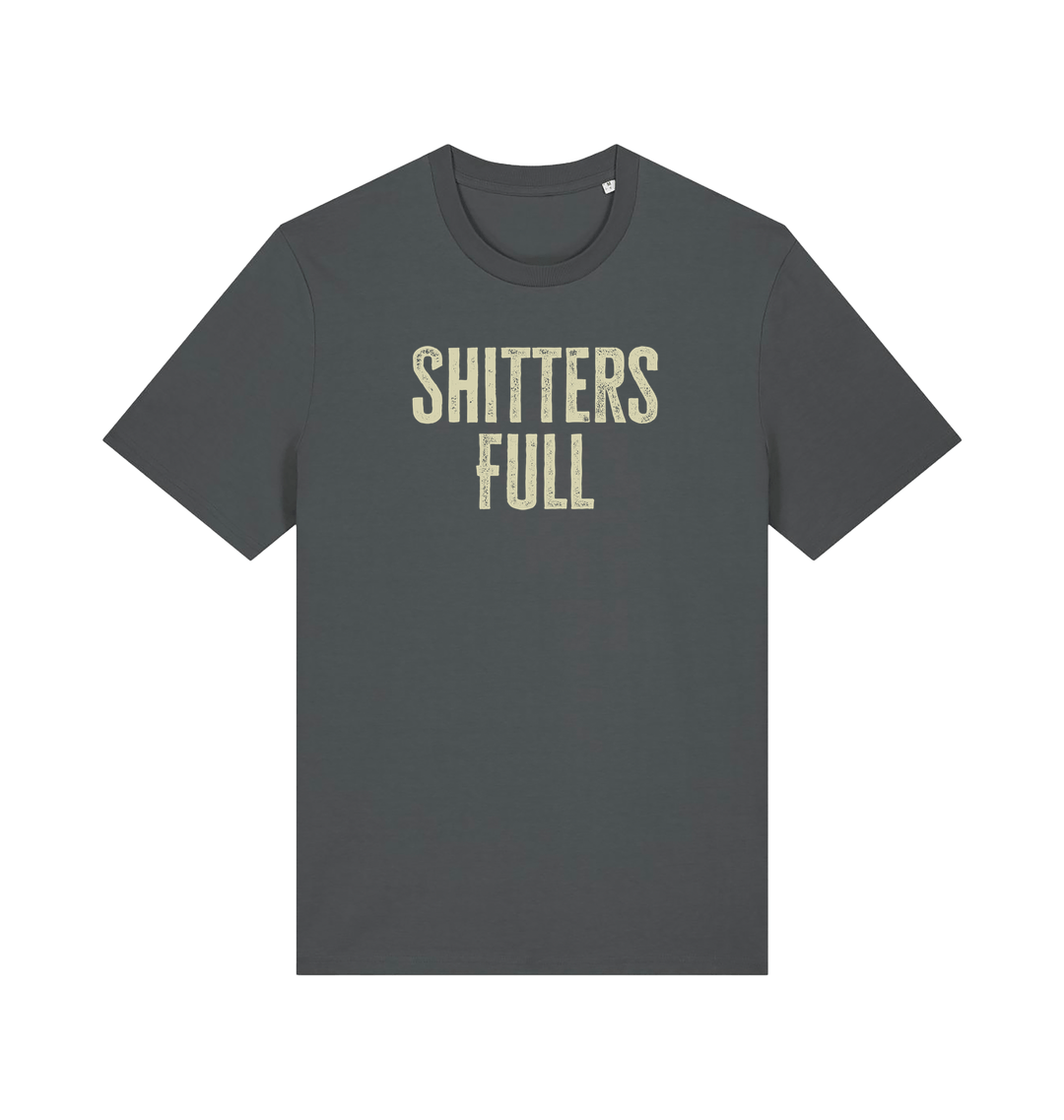grey funny t-shirt withthe slogan 'shitters full'