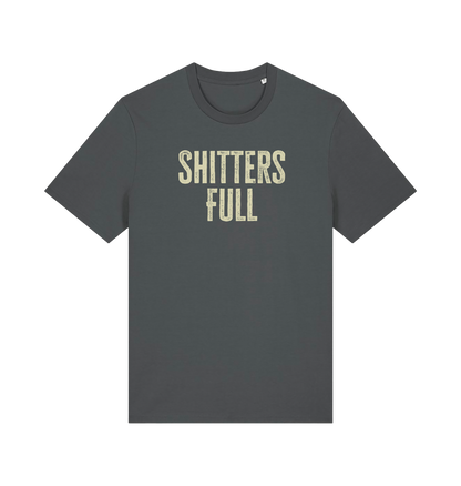 grey funny t-shirt withthe slogan 'shitters full'