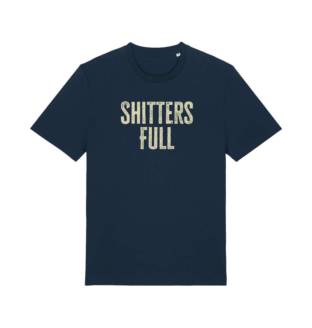 navy funny t-shirt withthe slogan 'shitters full'