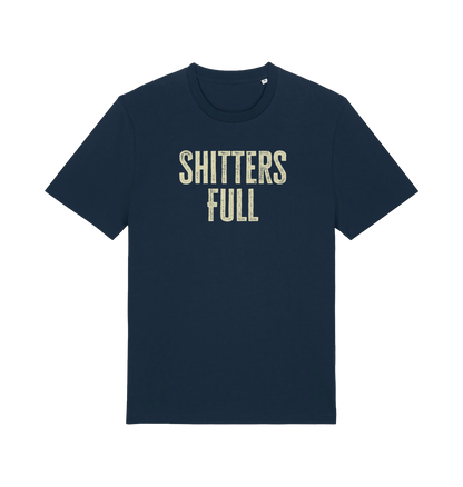navy funny t-shirt withthe slogan 'shitters full'