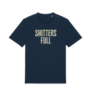 navy funny t-shirt withthe slogan 'shitters full'