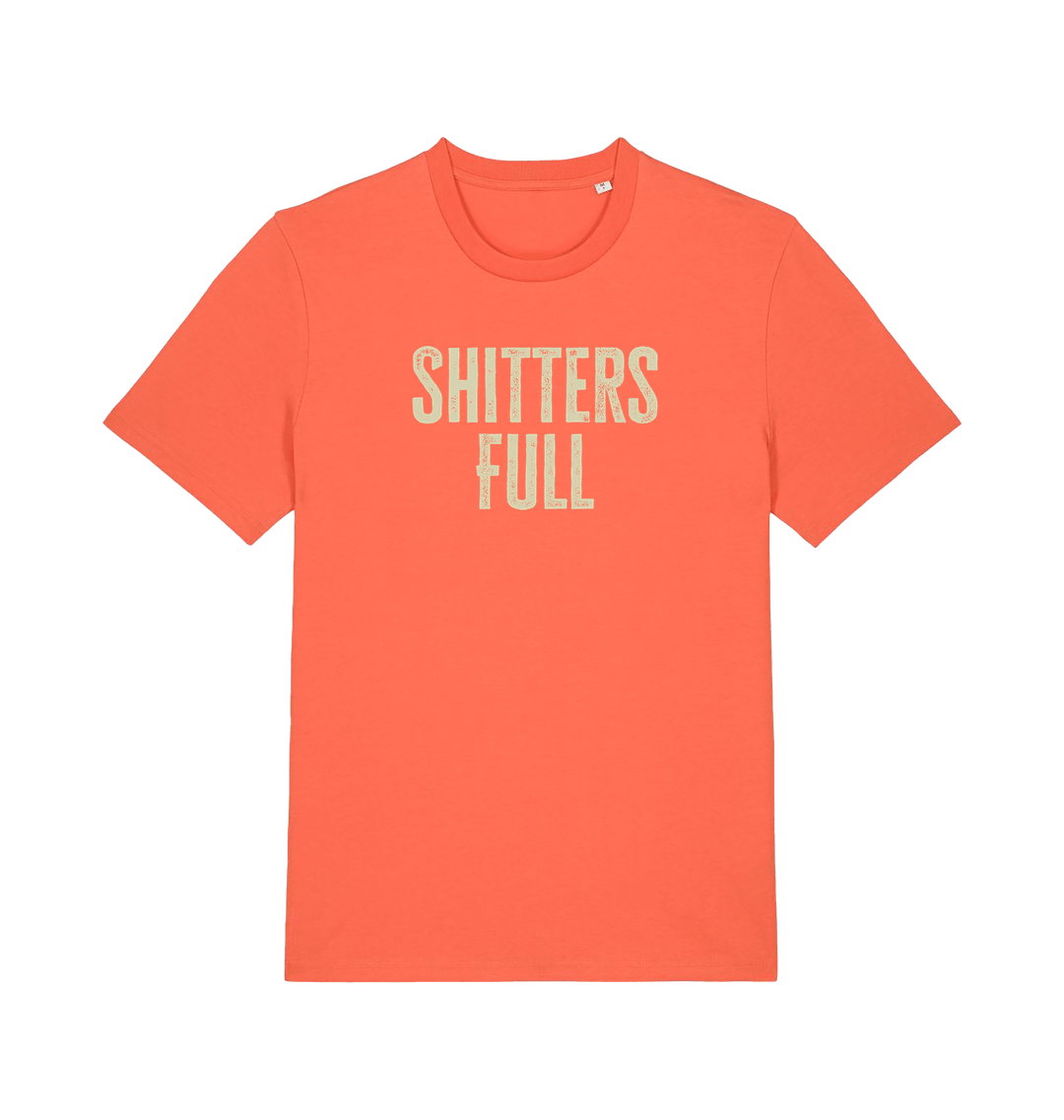 orange funny t-shirt withthe slogan 'shitters full'