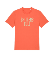 orange funny t-shirt withthe slogan 'shitters full'