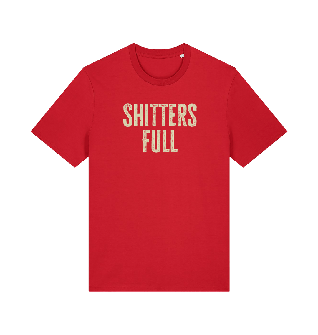 red funny t-shirt withthe slogan 'shitters full'