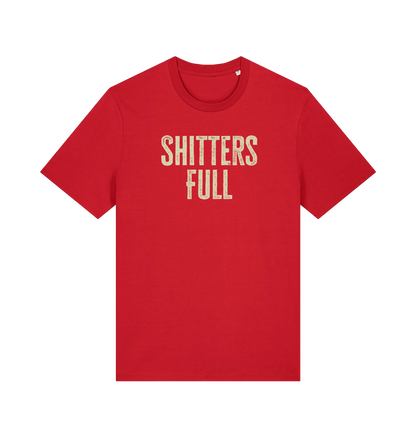 red funny t-shirt withthe slogan 'shitters full'