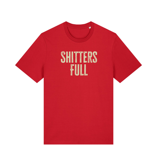 red funny t-shirt withthe slogan 'shitters full'