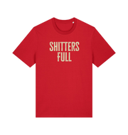 red funny t-shirt withthe slogan 'shitters full'