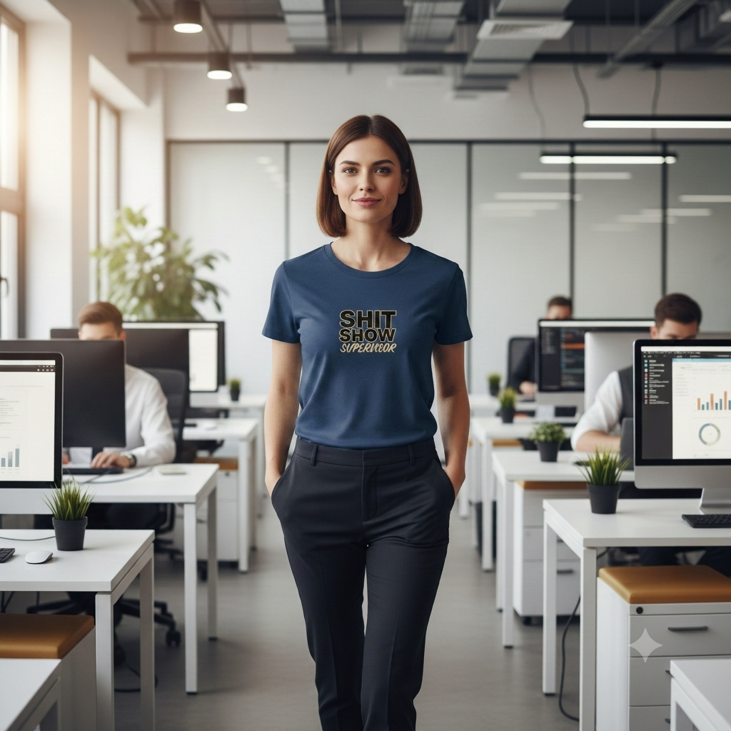 Woman wearing a blue t-shirt with text in an office setting