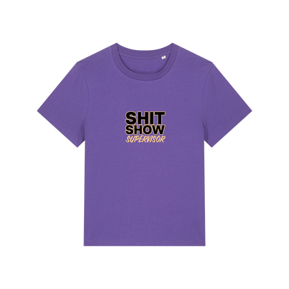 purple slogan t-shirt that reads 'shit show supervisor'