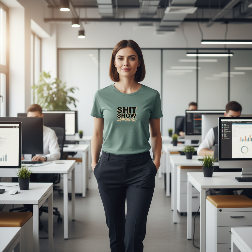 Woman wearing a green t-shirt with text in an office setting