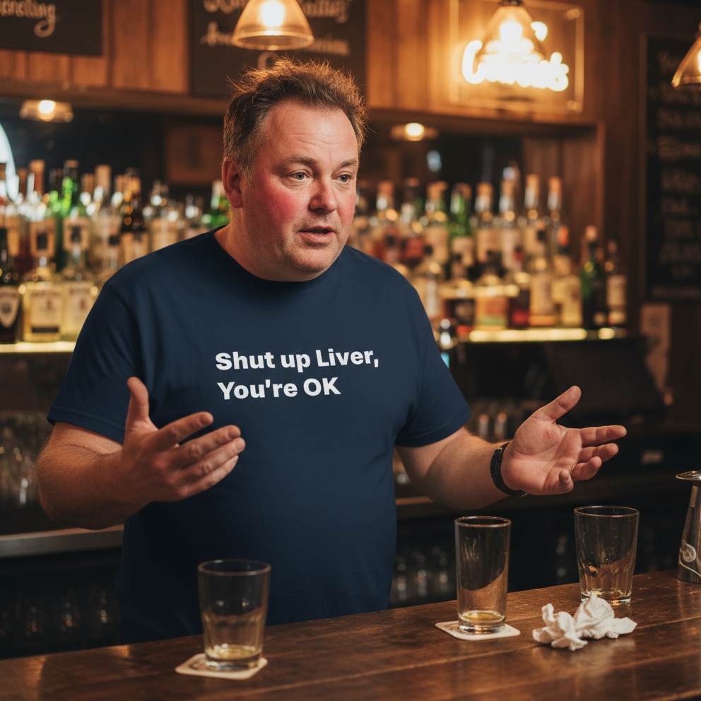 Man in a bar wearing a shirt with a humorous message, surrounded by drinks and bar decor.