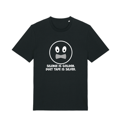 black sarcastic t-shirt with the slogan 'silence is golden duct tape is silver'
