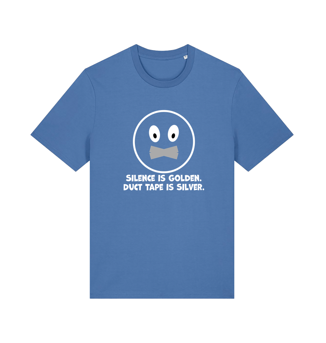 blue sarcastic t-shirt with the slogan 'silence is golden duct tape is silver'