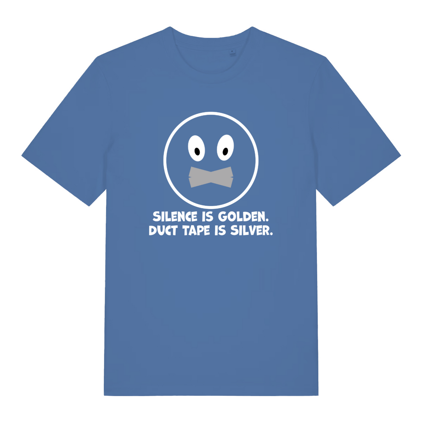 blue funny slogan t-shirt with the text 'silence is golden, duct tape is silver'