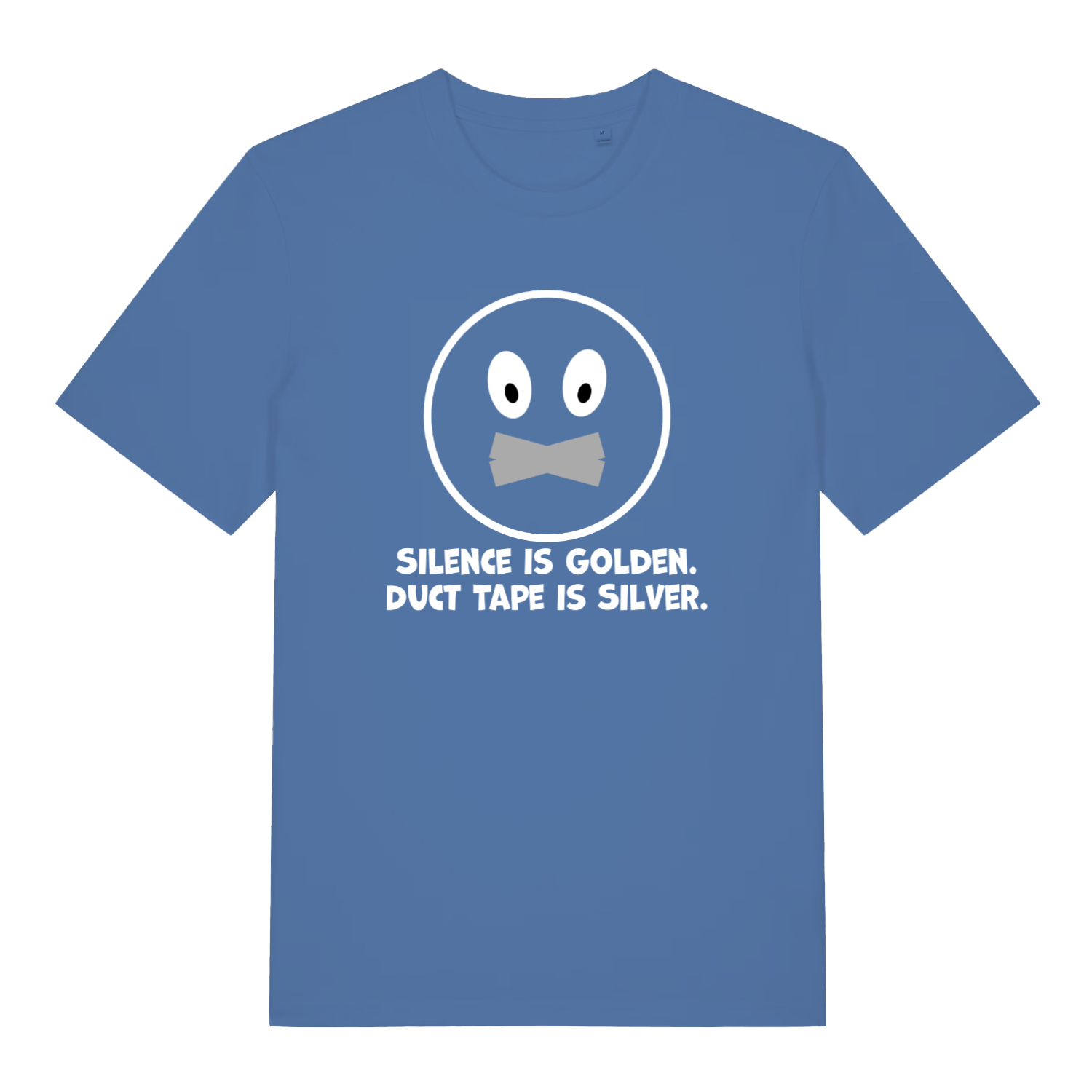 blue funny slogan t-shirt with the text 'silence is golden, duct tape is silver'