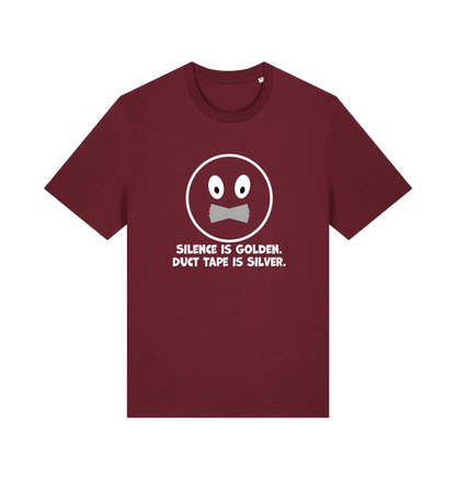 burgundy sarcastic t-shirt with the slogan 'silence is golden duct tape is silver'