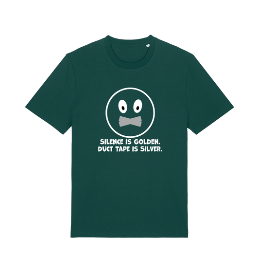 green sarcastic t-shirt with the slogan 'silence is golden duct tape is silver'