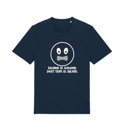 navy sarcastic t-shirt with the slogan 'silence is golden duct tape is silver'
