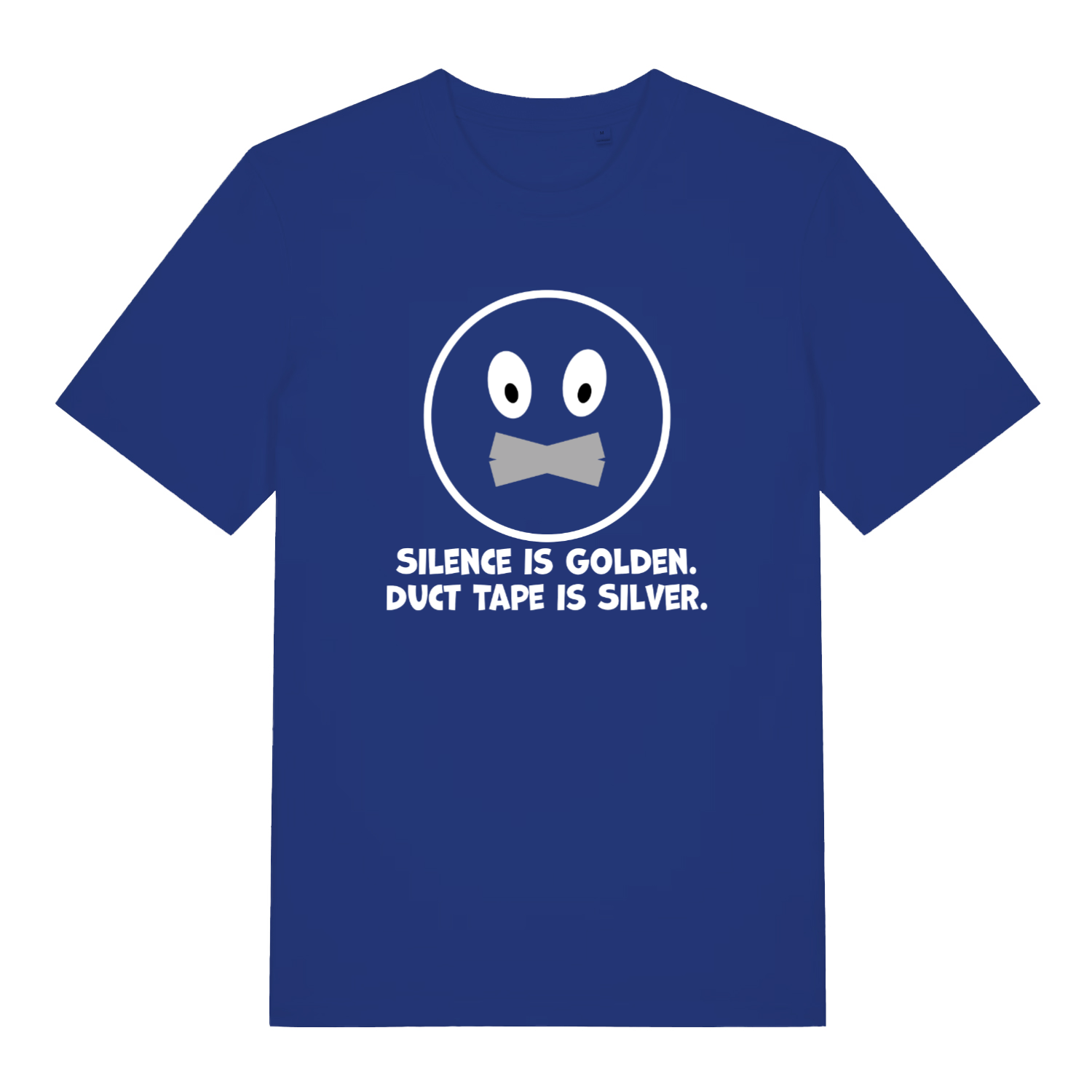 royal blue funny slogan t-shirt with the text 'silence is golden, duct tape is silver'
