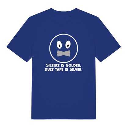 royal blue funny slogan t-shirt with the text 'silence is golden, duct tape is silver'