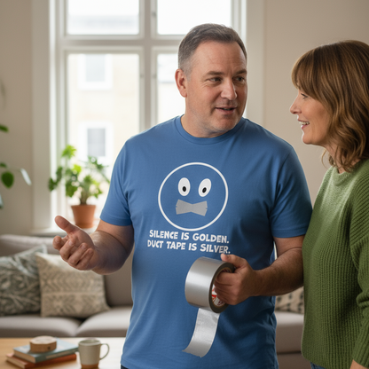 Man wearing a blue t-shirt with a humorous message about duct tape, holding duct tape, standing in a living room with a woman.