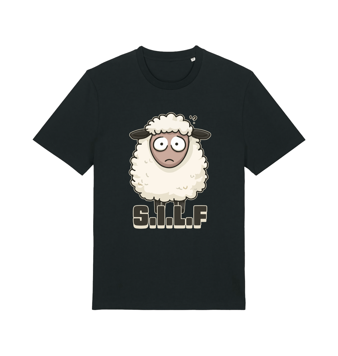 black funny animal t-shirt with the graphic of a worried looking sheep and the slogan 'silf'