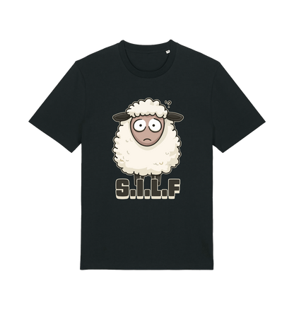 black funny animal t-shirt with the graphic of a worried looking sheep and the slogan 'silf'