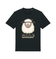 black funny animal t-shirt with the graphic of a worried looking sheep and the slogan 'silf'