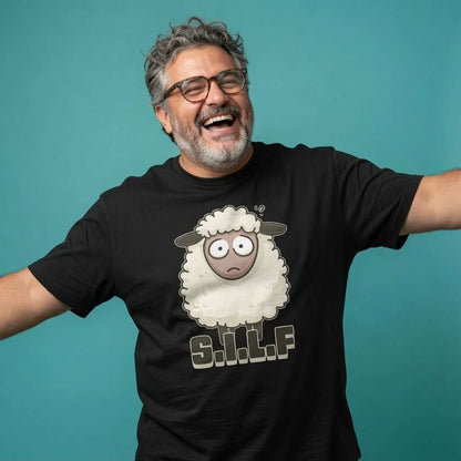 Bearded man with glasses laughing with arms outstretched in a black S.I.L.F t-shirt, witty mens cheeky sheep pun graphic full of pure attitude