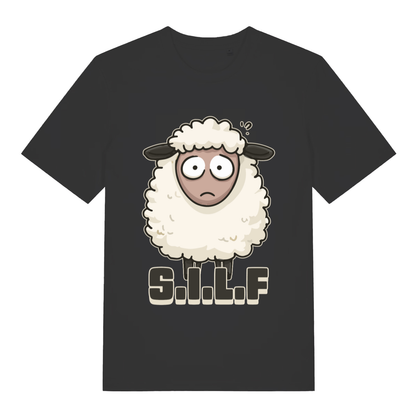Black S.I.L.F funny animal graphic t-shirt with cartoon sheep design  