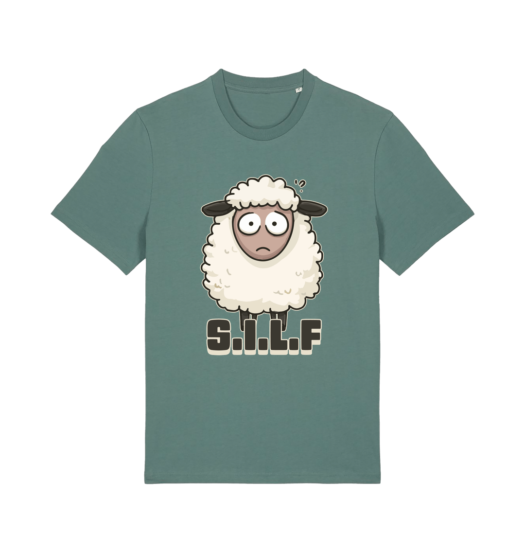 green funny animal t-shirt with the graphic of a worried looking sheep and the slogan 'silf'