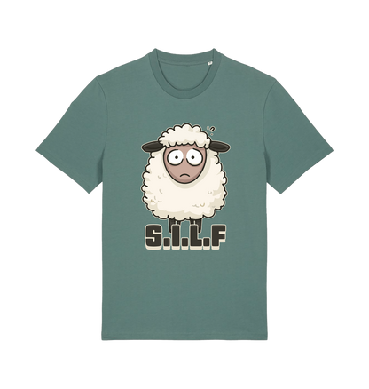 green funny animal t-shirt with the graphic of a worried looking sheep and the slogan 'silf'