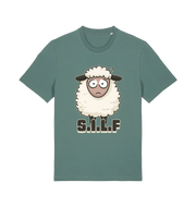 green funny animal t-shirt with the graphic of a worried looking sheep and the slogan 'silf'