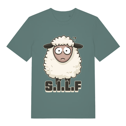 Green S.I.L.F funny animal graphic t-shirt featuring witty sheep pun artwork  